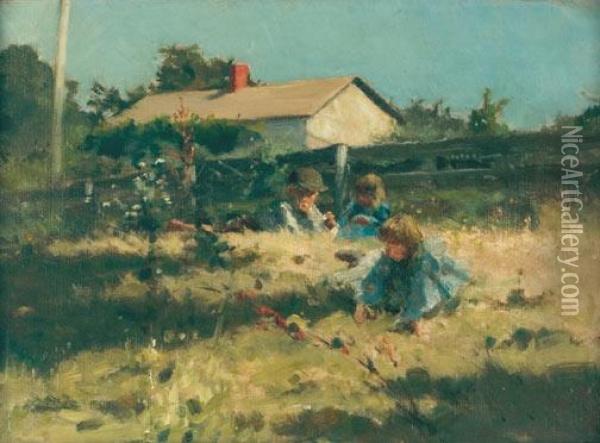 Children Picking Flowers Oil Painting - George Agnew Reid