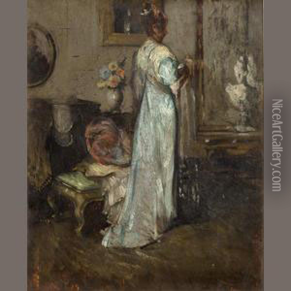 Lady In Blue Oil Painting - Maurice, Morris Molarsky