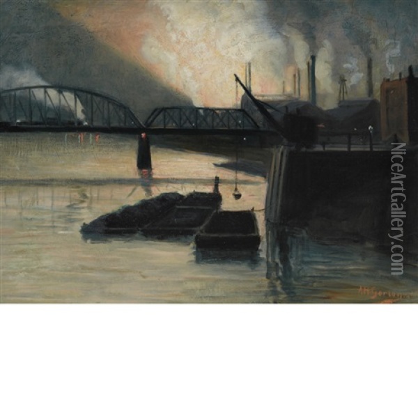 Industrial Harbor Oil Painting - Aaron Harry Gorson