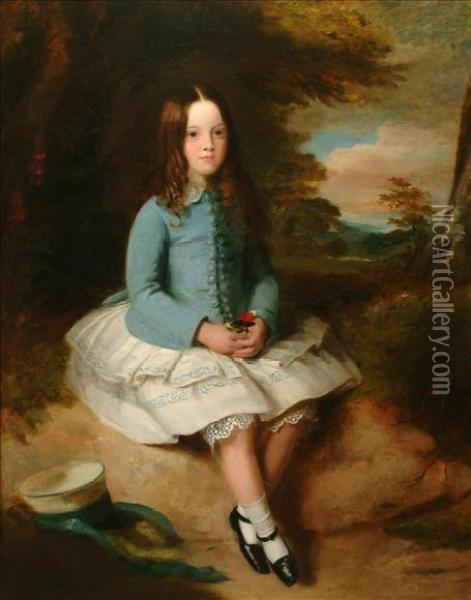 Portrait Of A Younggirlfull Length Seated On Woodland Bank Oil Painting - John Hollins