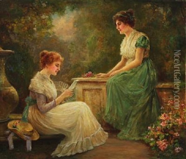 Two Girls In A Garden Oil Painting - Stanley Leighton
