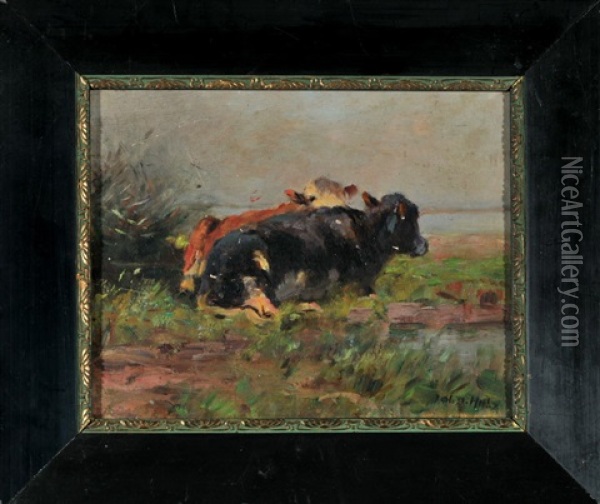 Zwei Ruhende Kuhe Am See Oil Painting - Johann Daniel Holz