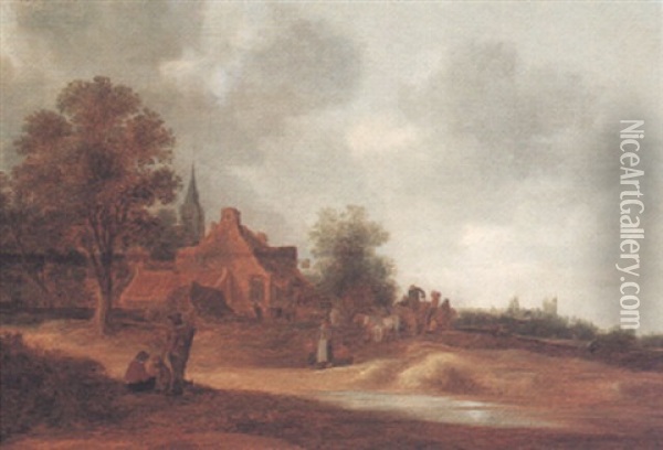 A Landscape With Cottages, A Church Spire And Figures By A Stream Oil Painting - Pieter de Neyn