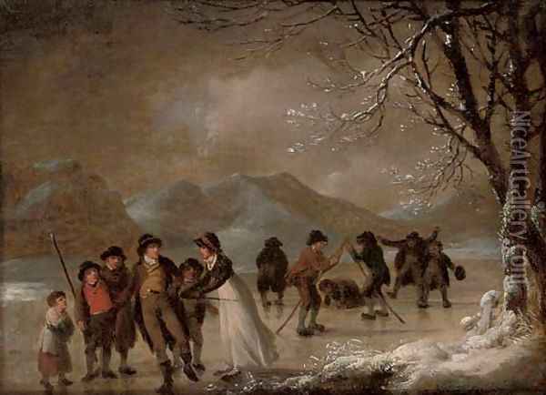 Skating in the Lake District Oil Painting - Julius Caesar Ibbetson