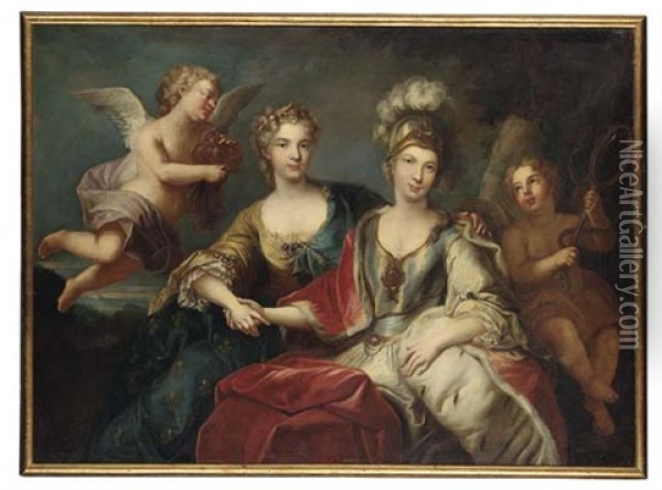 Allegorical Portrait Of Queen Marie Leczinska Of France And Marie-josephe Of Saxony, Dauphine Of France Oil Painting - Louis Michel van Loo