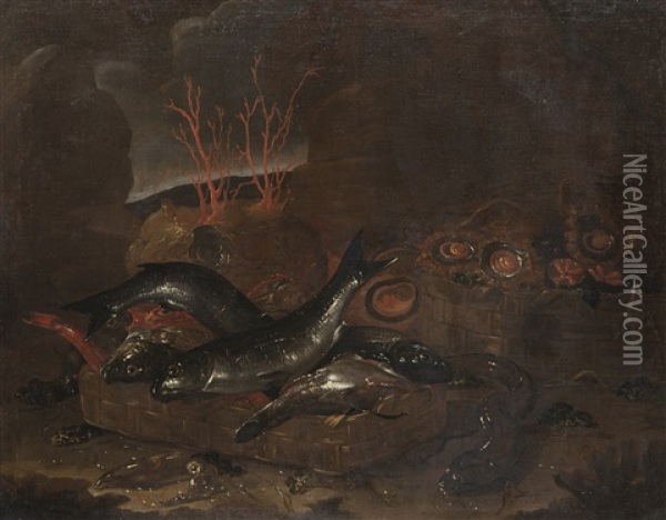 Cesto Di Pesce, Anguilla, Crostacei E Coralli In Una Grotta Oil Painting - Giuseppe Recco