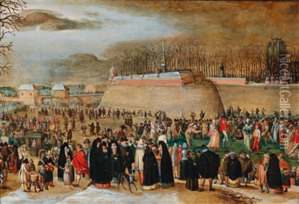 A Winter Landscape With A Carnival Scene Near The Kipdorppoort Bastion In Antwerp Oil Painting - Sebastian Vrancx