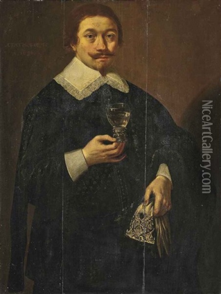 Portrait Of A Gentleman, A Glass Roemer In His Right Hand And White Glove In His Left Hand Oil Painting - Jan Anthonisz Van Ravesteyn