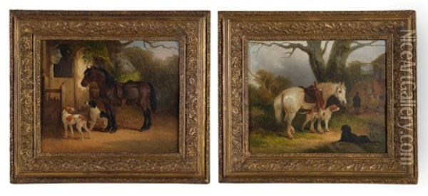Huntsman, Pony And Dogs Before A Cottage; Huntsman, Pony And Dogs Before A Pub Oil Painting - William Joseph Shayer