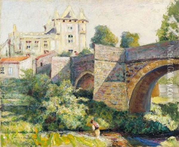 Pont Fortifie Devant Un Chateau Saint Amant - Tallende Oil Painting - Victor Charreton