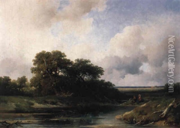 A Wooded Landscape With Figures On A Bank Of A Pond Oil Painting - Willem Roelofs