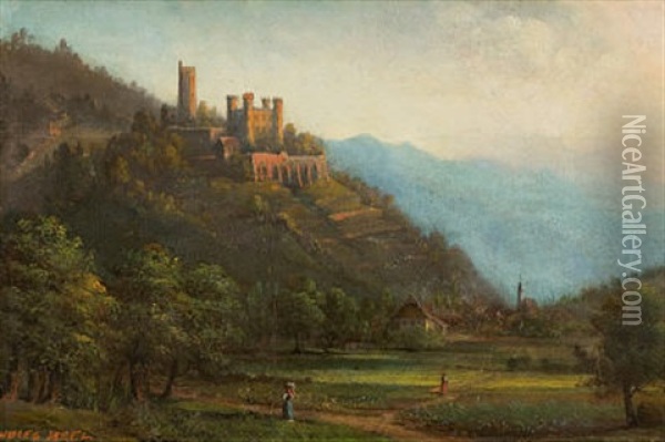 Burg In Hugeliger Landschaft Oil Painting - Jules Achille Noel