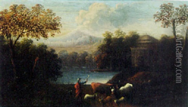 River Landscape With Drovers On A Path Oil Painting - Jan Baptiste Huysmans