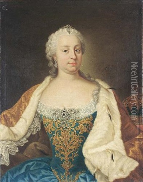 A Portrait Of Maria Theresa, Archduchess Of Austria, Empress Of The Holy Roman Empire, Queen Of Hungary And Bohemia, Wearing An Blue Satin Dress With A Gilt-embroidered And White Lace Bodice And An Er Oil Painting - Martin van Meytens the Younger