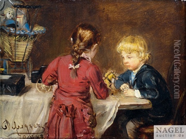 Zwei Spielende Kinder Am Tisch Oil Painting - Franz Von Defregger