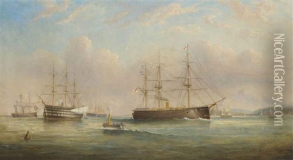 Royal Navy Ships Of The Duke Of Wellington Class Lying At Anchor At Spithead, With One Firing A Salute To Acknowledge The Departure Of An Admiral... Oil Painting - Tommaso de Simone