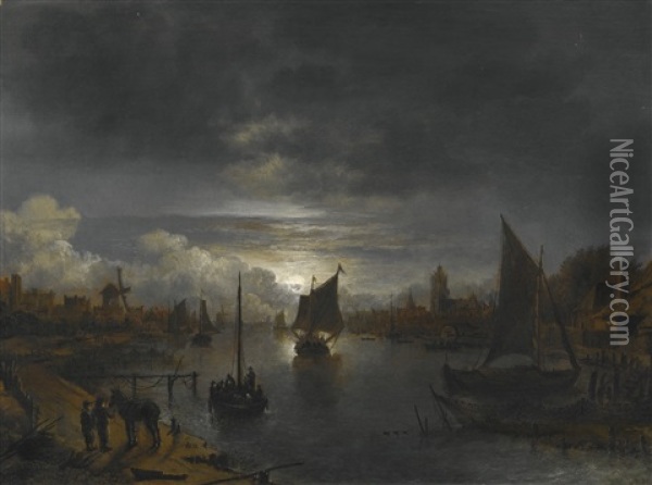 A River Landscape By Moonlight With Boats And Settlements On Both Banks Oil Painting - Aert van der Neer