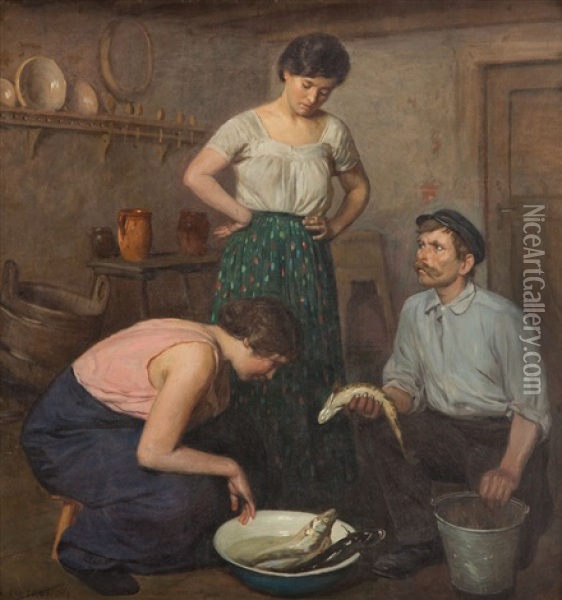 After A Catch. Generic Scene In The Interior Oil Painting - Antoni Piotrowski