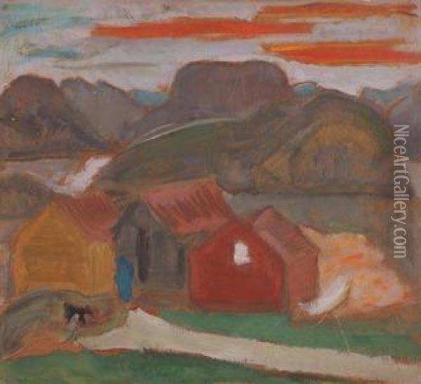 Hus I Fjellandskap Oil Painting - Ragnhild Keyser