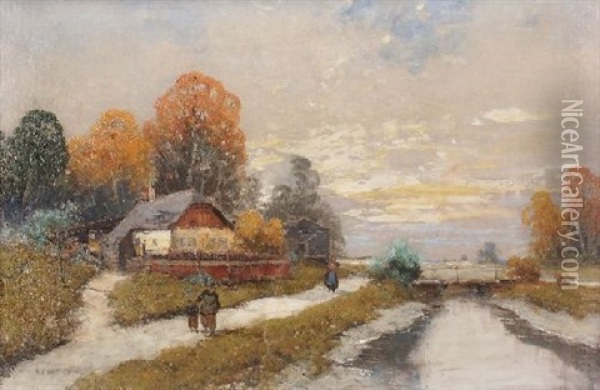 Herbstliche Fluslandschaft Oil Painting - Georg Fischhof