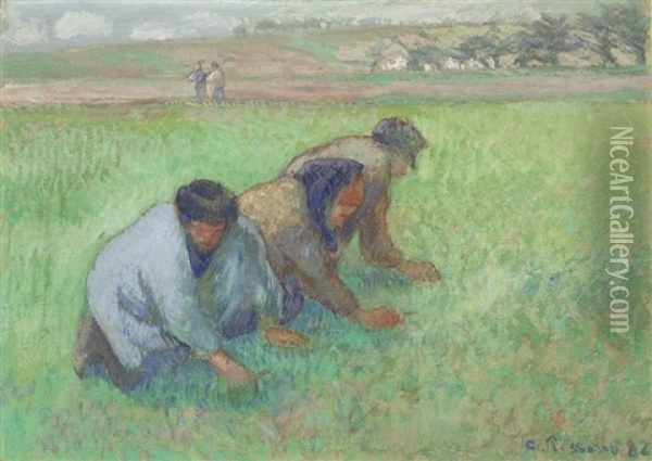 Les Sarcleurs Oil Painting - Camille Pissarro