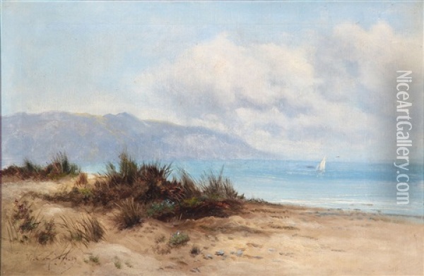 Coastal Scene With Dunes, Mountains And A Ship At The Sea Oil Painting - William Langley