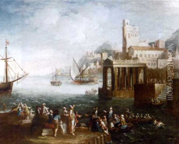 A Capriccio Of A Mediterranean Port With Figures On A Quay And Shipping Beyond Oil Painting - Adriaen Van Der Cabel