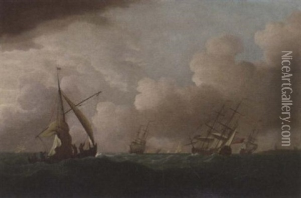 English Men-o'war And Other Shipping In A Swell Off Flushing Oil Painting - Johan (J. C.) van der Hagen