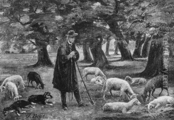 Schafer Mit Herde In Parklandschaft Mit Eichen Oil Painting - Johannes Bode