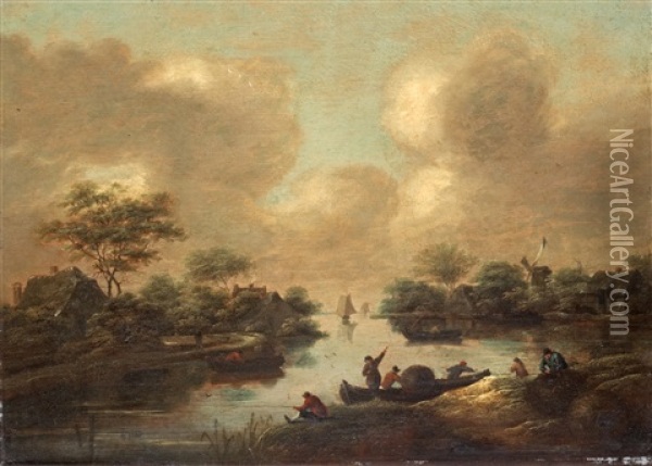 Flodlandskap Med Figurer Vid Bat Oil Painting - Nicolaes Molenaer