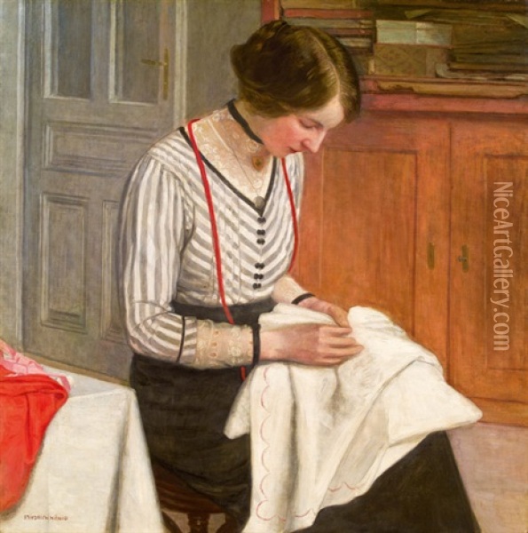 Bei Der Naharbeit Oil Painting - Friedrich Koenig