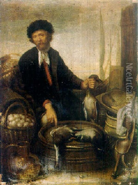 A Poultry Seller On A Quay Oil Painting - Gerard van Donck
