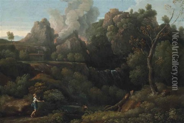 A Wooded River Landscape With A Volcano Erupting Beyond Oil Painting - Gaspard Dughet
