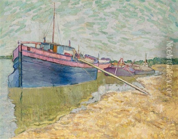 Barges On The Dniepr, 1907 Oil Painting - Vladimir Davidovich Baranoff-Rossine