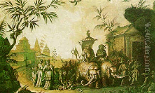 Orientals Riding Elephant Oil Painting - Jean Baptiste Pillement