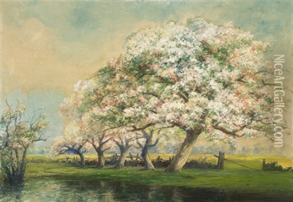 Landscape With Blossoming Apple Trees Along A Fence Oil Painting - Frederick Leo Hunter