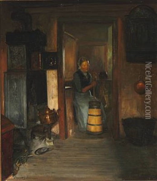 Interior With A Woman Churning Butter Oil Painting - Viggo Johansen