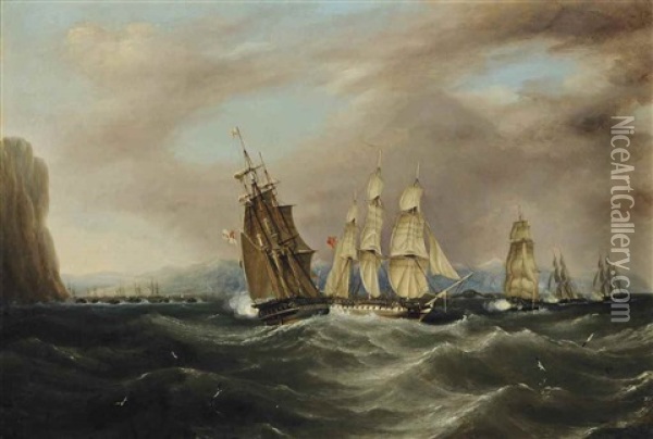 H.m.s. Isis On A Collision Course With H.m.s. Cambrian Off The Coast Of Gramvousa, Greece On 31 January 1828 Oil Painting - John Wilson Carmichael
