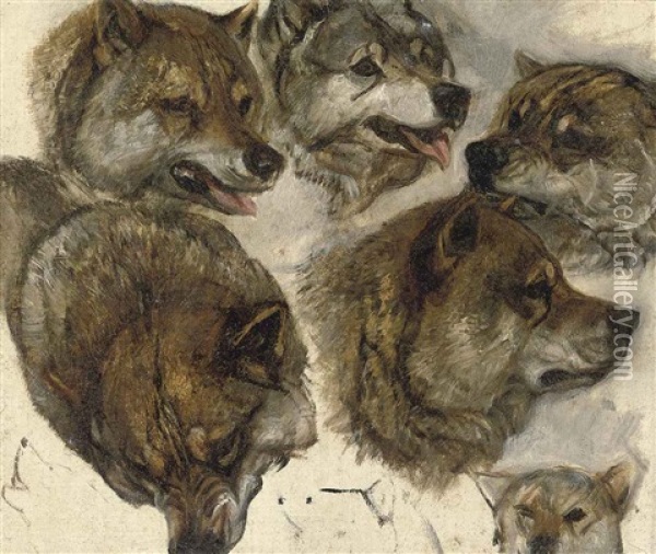 Huskies Heads (study) (+ Untitled (sketch); 2 Works) Oil Painting - George Bouverie Goddard