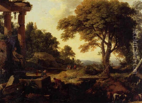 Landscape With Two Women At A Fountain, A Herd Of Cows At A Stream And Travelers On Horseback Beyond Oil Painting - Laurent de (LaHyre) LaHire