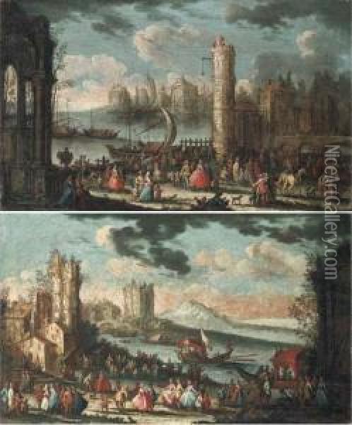 A Capriccio Of A Mediterranean 
Port With Stevedores Unloading Cargofrom A Ship And Elegant Townsfolk 
Promenading; And A Capriccio Of Amediterranean Coastal Town With Elegant
 Townsfolk And Passengers Ina Barge Oil Painting - Gherardo Poli