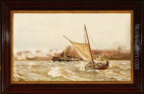 The Paddle Steamer Frits Juel And A Fishing Dinghy In The Fairway Between Svendborg And Tasinge Island Oil Painting - Carl (Jens Erik C.) Rasmussen