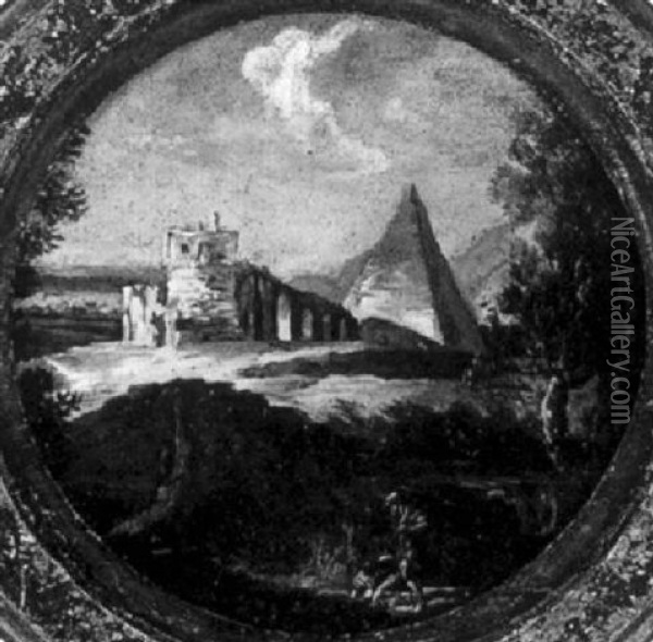 Capriccio Romano Mit Der Cestius Pyramide, Dem Ponte Molle Und Figuren Oil Painting - Paolo Anesi