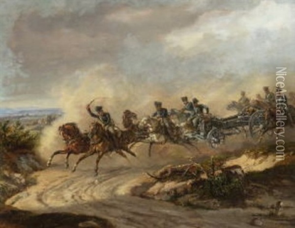 Preussische Reiter Mit Geschutzlafette Auf Dem Weg In Die Schlacht Oil Painting - Dietrich (Heinrich Maria) Monten