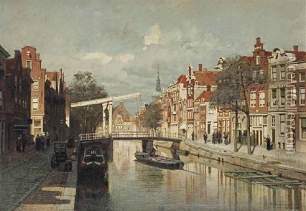 A Sunlit Canal In A Dutch Town Oil Painting - Johannes Christiaan Karel Klinkenberg