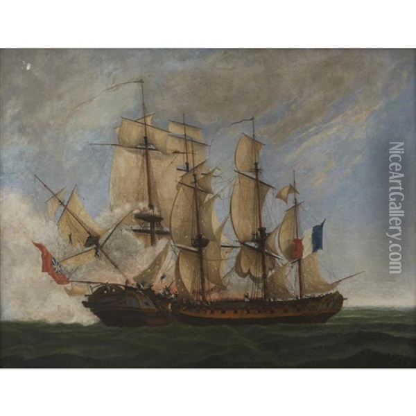 Action Between H.m Frigate 'ambuscade' And The French Frigate 'bayonnaise' ( After Ange-joseph-antoine Roux) Oil Painting - Nicholas Marie Ozanne