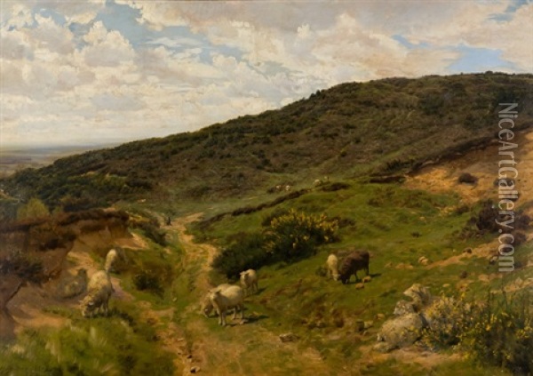 Landschaft Mit Schafen Und Selbstbildnis An Der Staffelei Oil Painting - Henry William Banks Davis