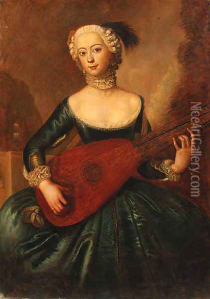 Portrait of a lady, three-quarter-length, in a blue dress, playing a lute Oil Painting - Antoine Pesne