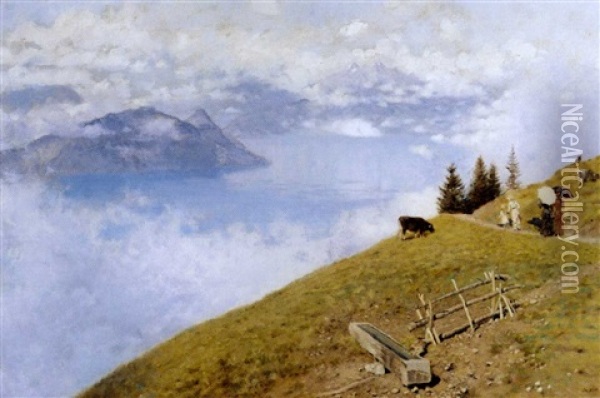Passeggiata Sul Lago Dei Quattro Cantoni (o Nebbia Sui Monti, Pomeriggio, O Passeggiata Campestre) Oil Painting - Giuseppe de Nittis