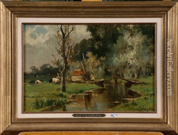 Vaches Au Bord De L'eau Oil Painting - Edmond De Schampheleer